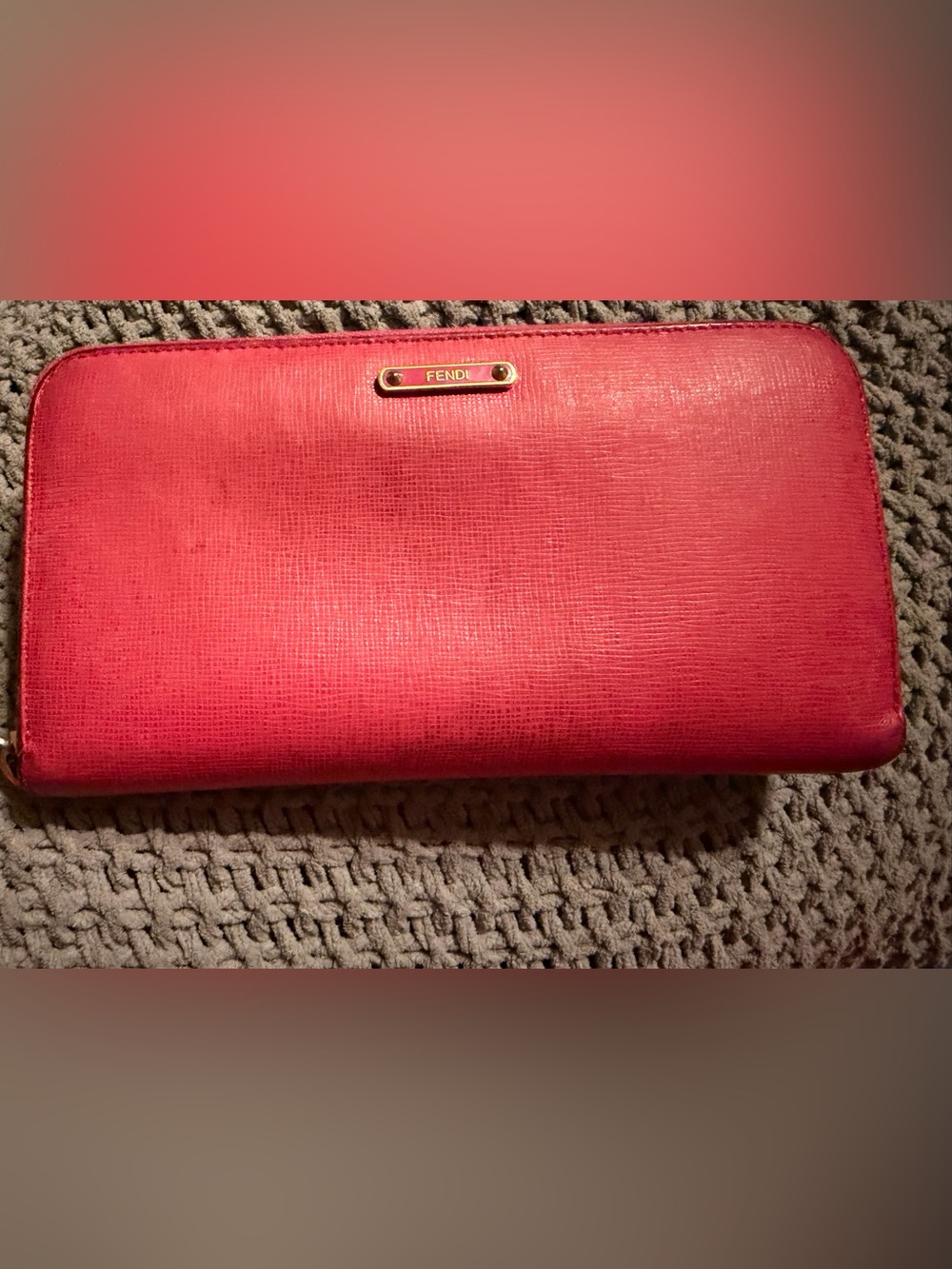 Fendi Coral-Red Textured Leather Zip Wallet with Gold Plaque